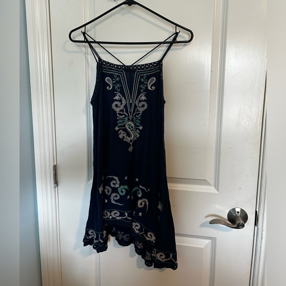 Monoreno Navy and Teal Traditional Embroidered Mexican Mini Dress and Cover up